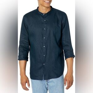 Theory | Irving Relaxed 100% Linen Navy Button Down Band Collar Shirt XXL